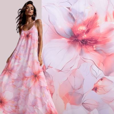 Umelý hodváb Silky s digitálnou potlačou veľkých kvetov SMT-MIO746B