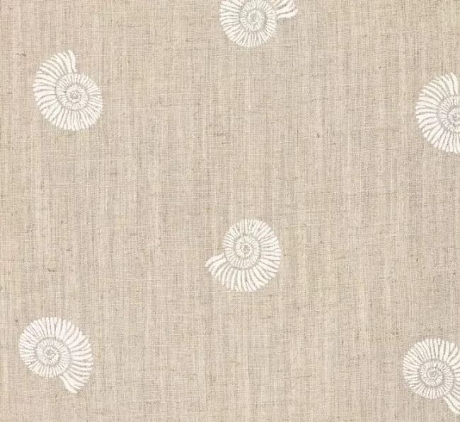 Viskozová látka s prímesou ľanu v režnej farbe s potlačou mušlí 22610/032