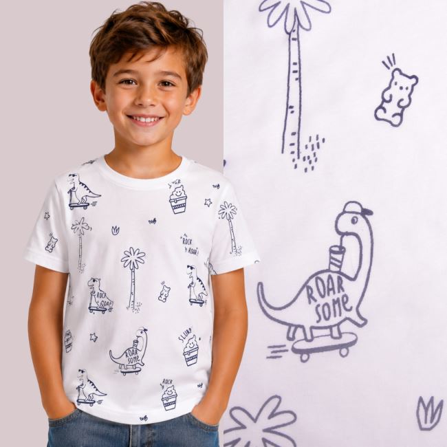 Bavlnený úplet v smotanovej farbe s potlačou dinosaurov a textov TU26453