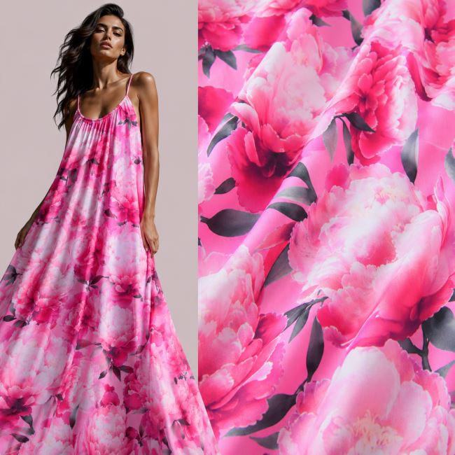 Umelý hodváb Silky v ružovej farbe s potlačou kvetín CS13166C