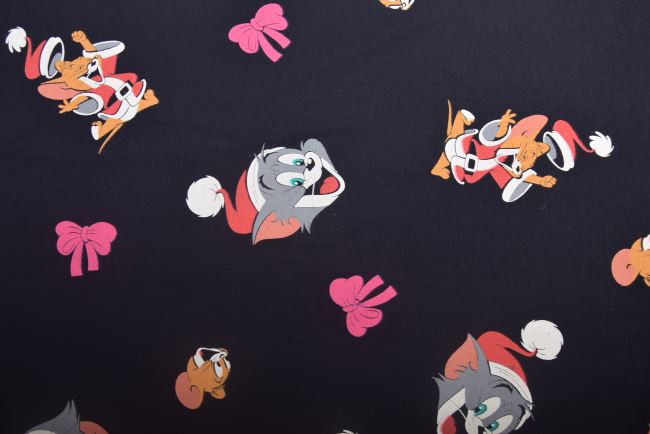 1 m bavlneného úpletu v čiernej farbe s potlačou Tom a Jerry DS-KUP82