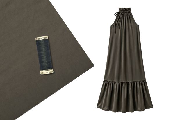 Set na šitie šiat so zaväzovaním z umelého hodvábu Silky v khaki farbe SET97