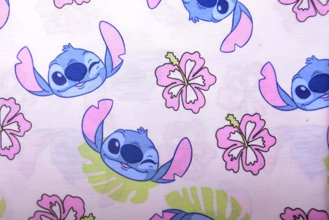 1 m bavlneného úpletu v bielej farbe s rozprávkovou postavou Stitch DS-KUP147