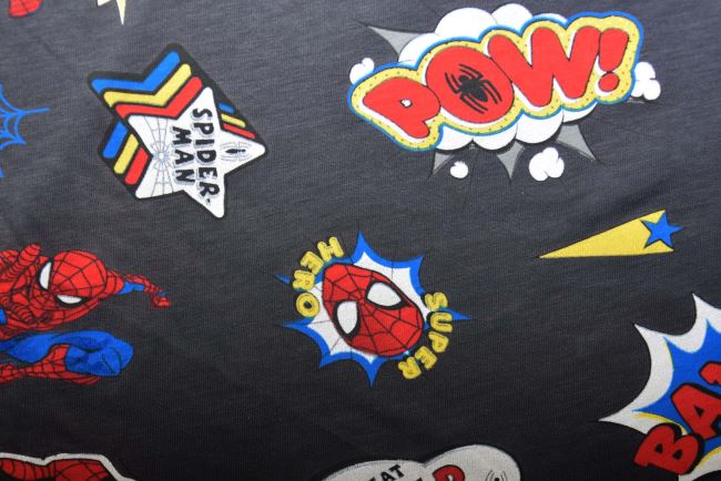 1 m bavlneného úpletu v tmavo šedej farbe s potlačou Spider-Man DS-KUP156