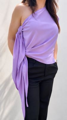 Set na šitie letného viskózového topu so zaväzovaním v lila farbe SET63 (1)